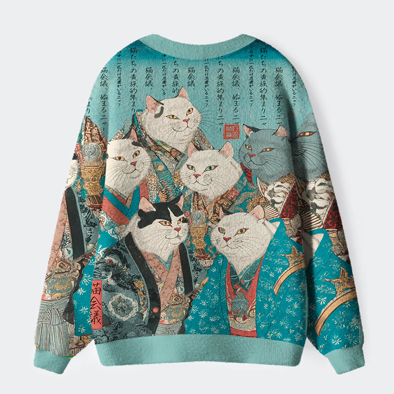 Japanese Ukiyo-E Cat Noble Pattern Long Sleeve Sweater Cardigan - image 2