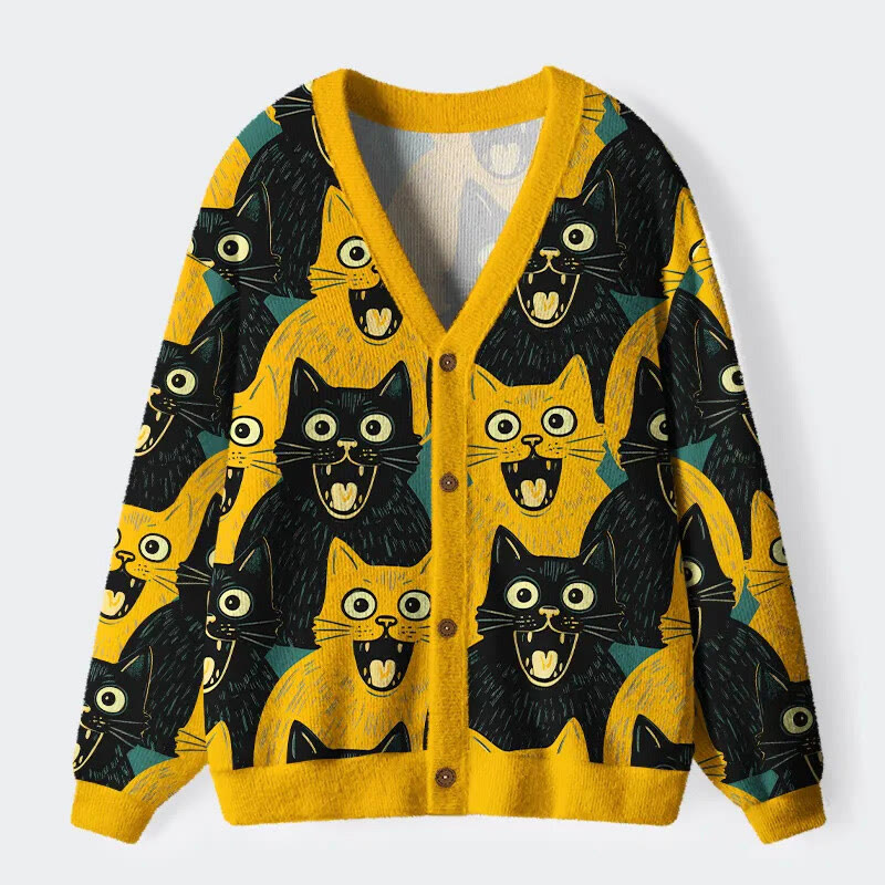 Yellow And Black Cat Surprised Expression Pattern Long-Sleeved Cardigan - Yellow - 4XL - image 1