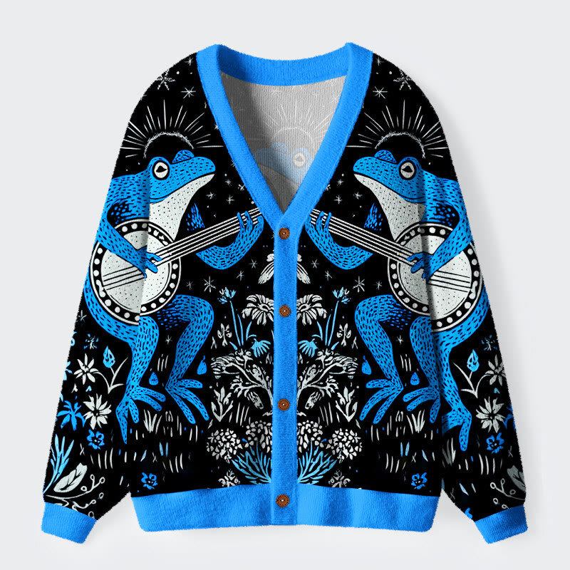 Rocking Frog And Flower Pattern Long Sleeved Sweater Cardigan - Black - 4XL - image 1