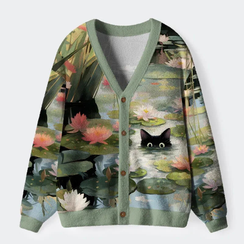 Pond Cat Pattern Long Sleeved Sweater Cardigan - Green - 4XL - image 1