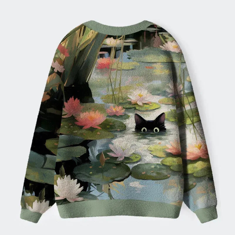 Pond Cat Pattern Long Sleeved Sweater Cardigan - image 2