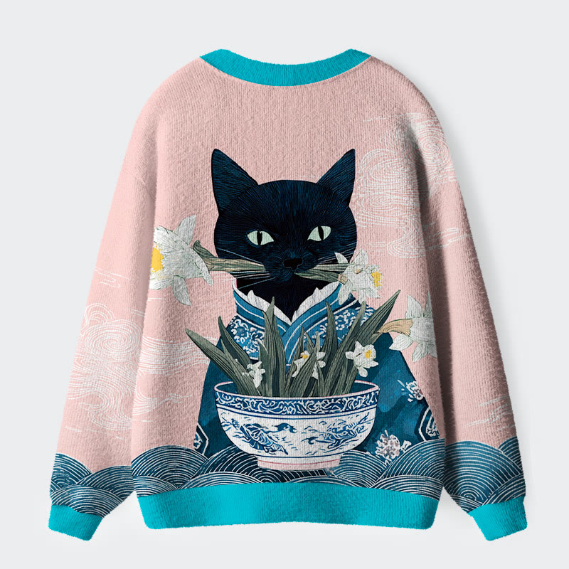 Japanese Style Elegant Cat And Flower Print Long Sleeved Sweater Cardigan - image 2