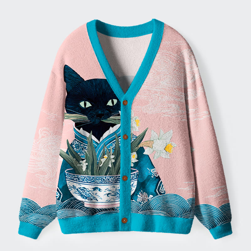 Japanese Style Elegant Cat And Flower Print Long Sleeved Sweater Cardigan - Light Pink - 4XL - image 1