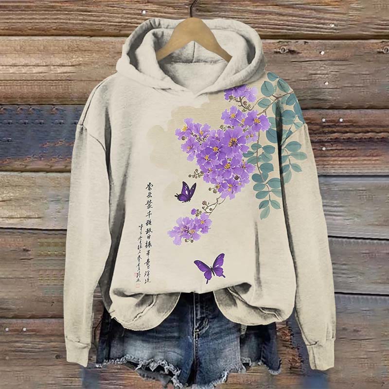 Japanese Vintage Watercolor Lagerstroemia Art Print Long Sleeve Hoodie - Apricot - US44-46(8XL) - image 1