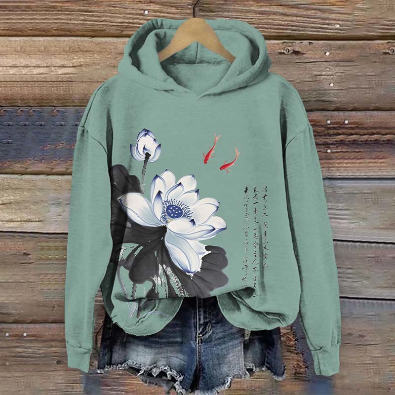 Japanese Vintage Watercolor Lotus Blossom Art Print Long Sleeve Hoodie - Green - US44-46(8XL) - image 2