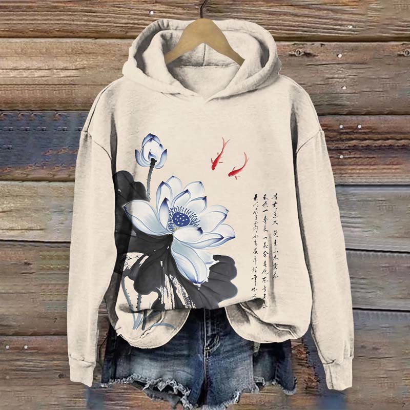 Japanese Vintage Watercolor Lotus Blossom Art Print Long Sleeve Hoodie - Apricot - US44-46(8XL) - image 1