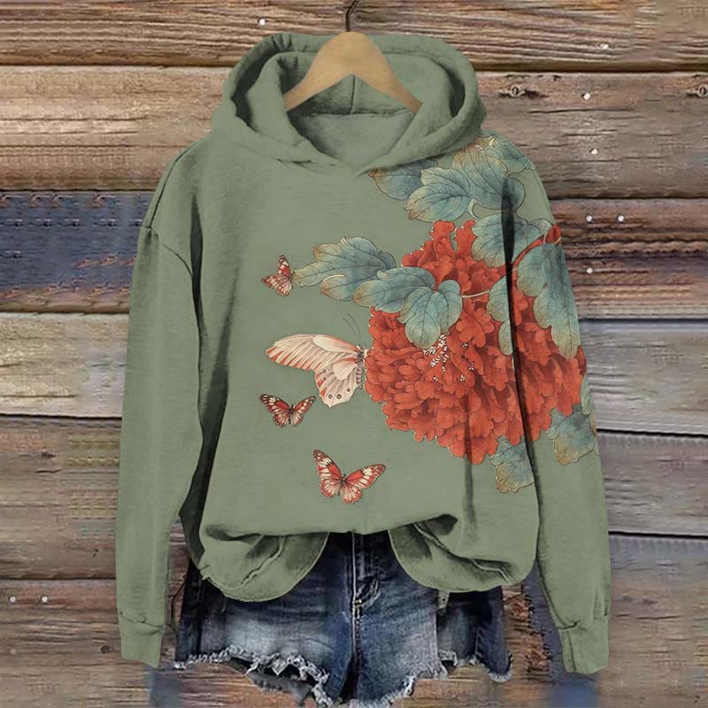 Japanese Vintage Peony Blossom & Butterfly Art Print Long Sleeve Hoodie - Green - US44-46(8XL) - image 2