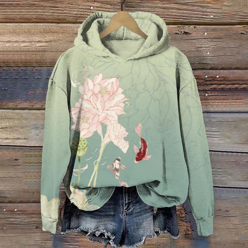 Watercolor Lotus Pond & Goldfish Art Print Long Sleeve Hoodie - Green - US44-46(8XL) - image 2