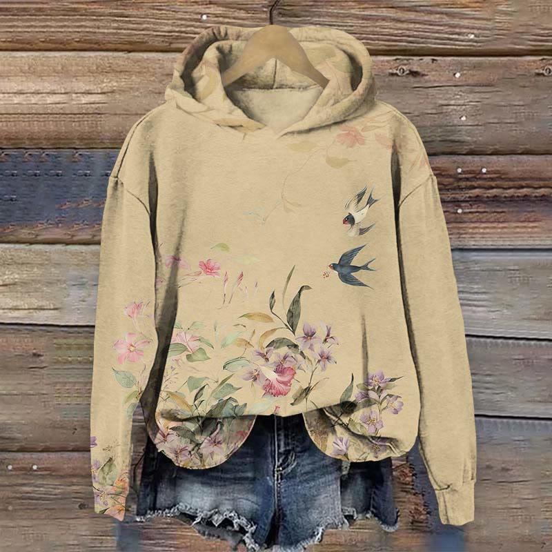 Japanese Spring Blossom & Swallow Art Print Long Sleeve Hoodie - Khaki - US44-46(8XL) - image 2