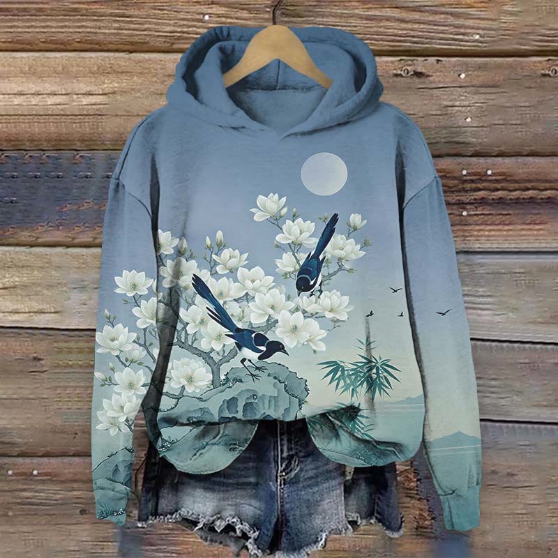 Japanese Vintage Birds Playing On Pear Tree Art Print Long Sleeve Hoodie - Blue - US44-46(8XL) - image 2