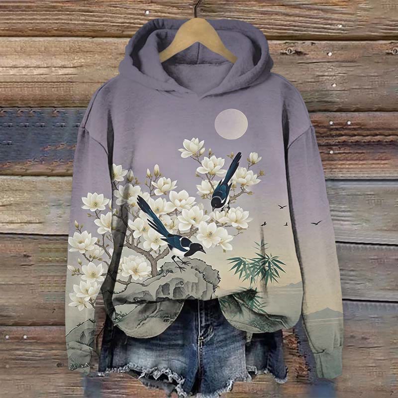 Japanese Vintage Birds Playing On Pear Tree Art Print Long Sleeve Hoodie - Purple - US44-46(8XL) - image 1