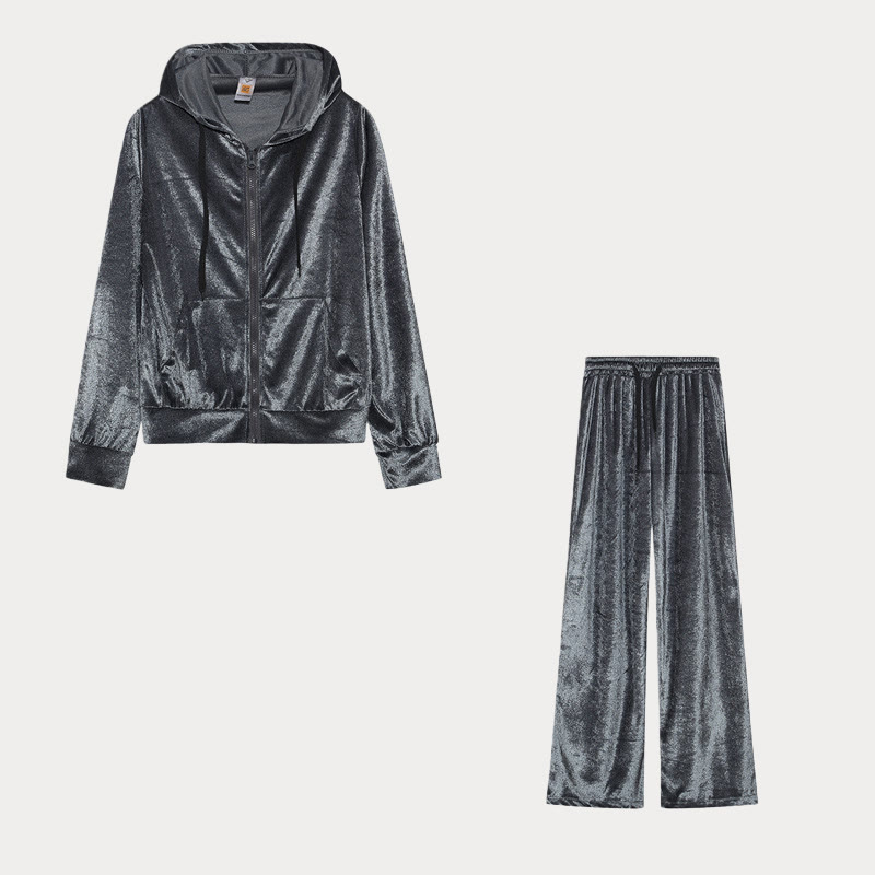 Solid Color Rhinestone Velvet Sporty Casual Two-Piece Set - Grey - 2XL - image 6