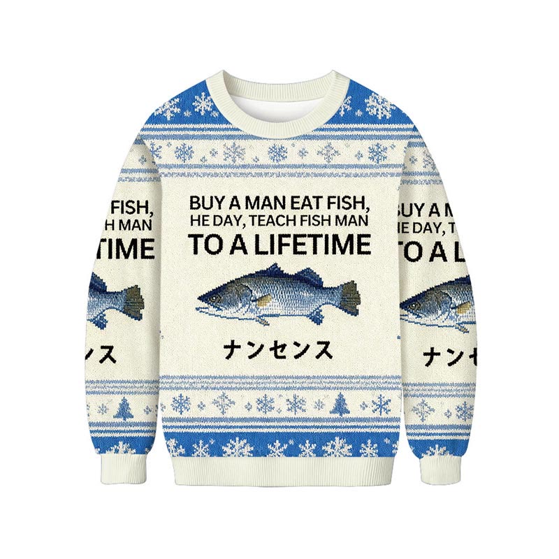 Japanese Retro Fish And Fun Letter Print Long Sleeved Sweater - Beige - 5XL - image 1