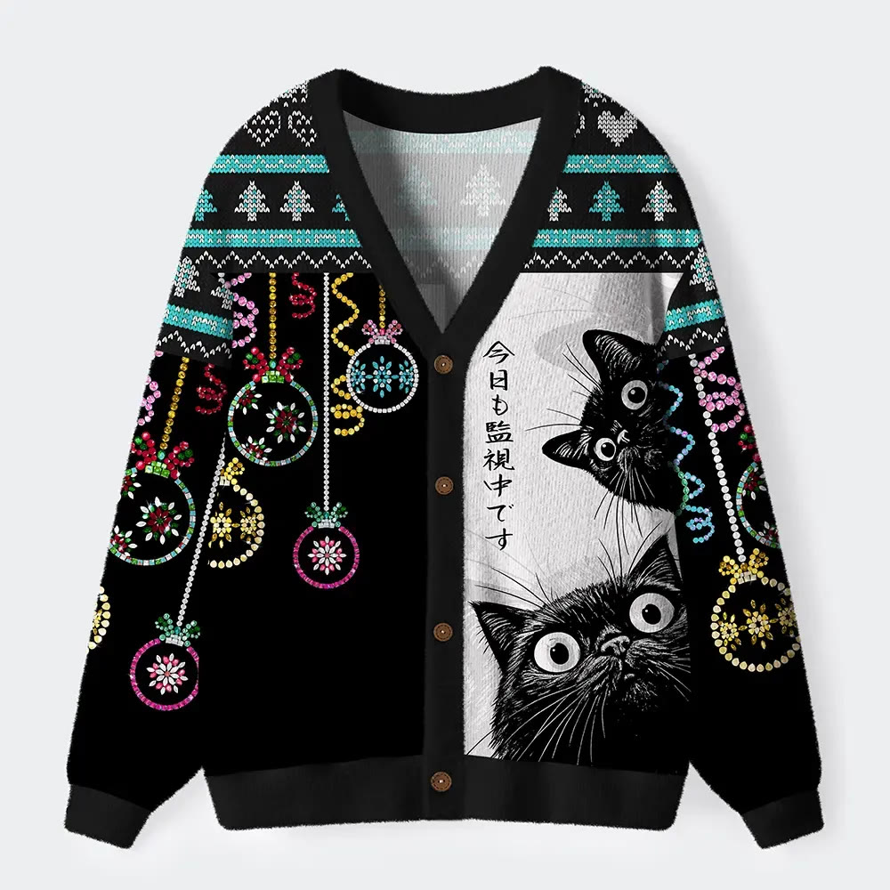 Cats Are Watching You Closely Long Sleeved Sweater Cardigan - Black - 4XL - image 1