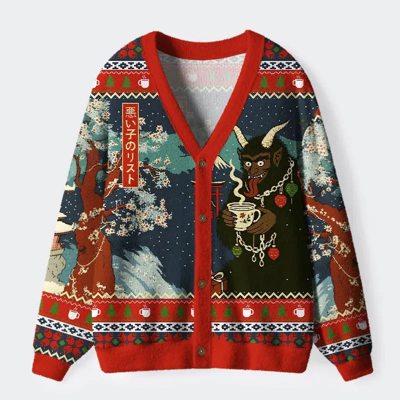 Krampus Japan Long Sleeved Sweater Cardigan - Red - 4XL - image 1