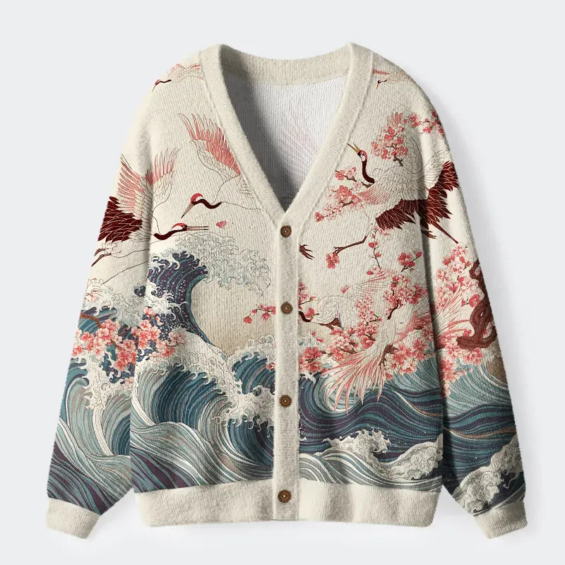 Cranes Dancing On The Waves Long Sleeved Sweater Cardigan - Blue - 4XL - image 1