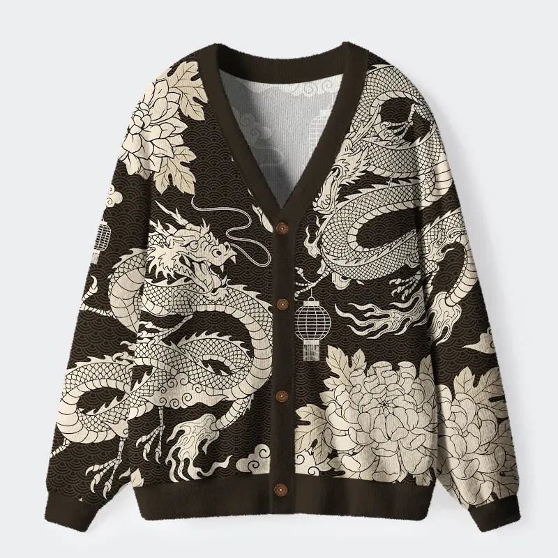 Two Dragons Playing With A Pearl Long Sleeved Sweater Cardigan - Brown - 4XL - image 1