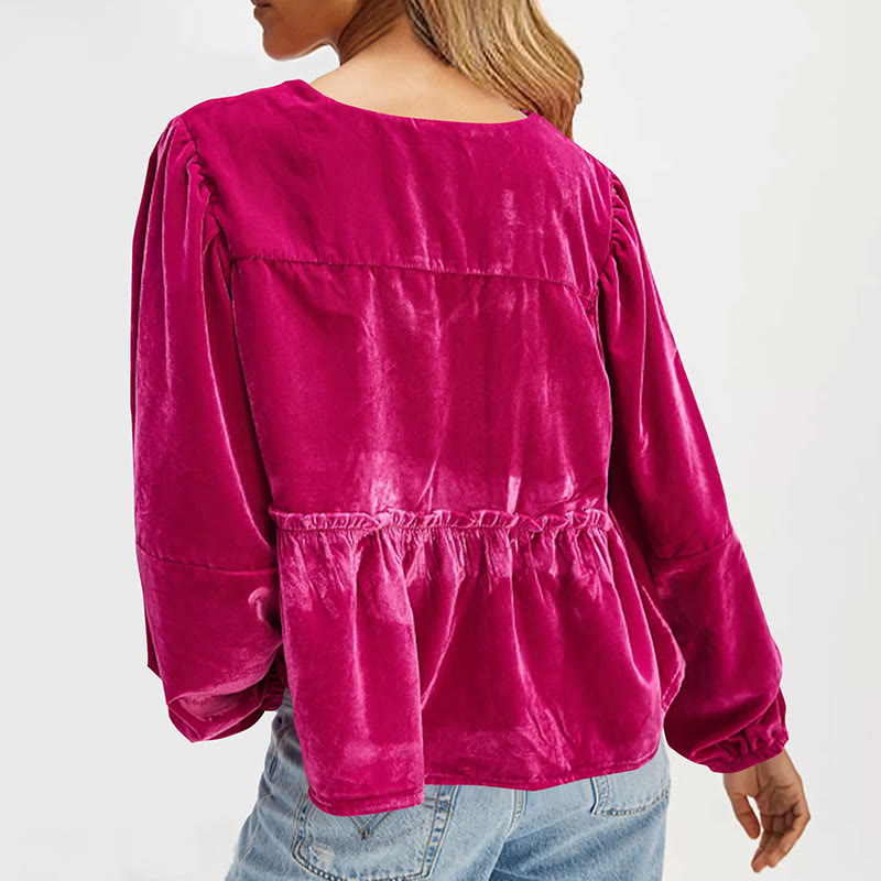 Women's V-neck Ruffled Solid Color Velvet Blouse - image 2