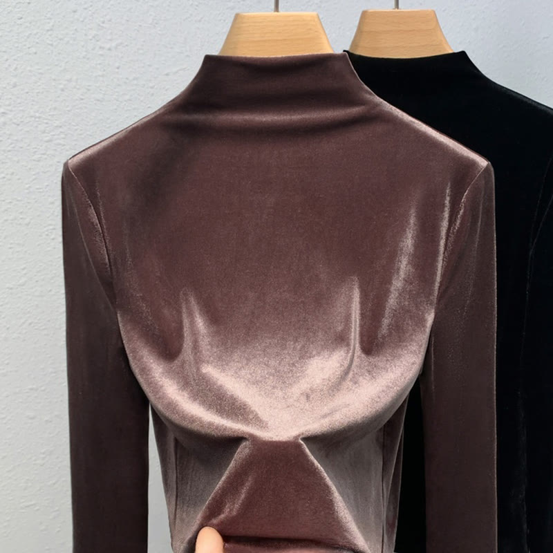 High-neck Solid Color Velvet Long-sleeved T-shirt - image 2