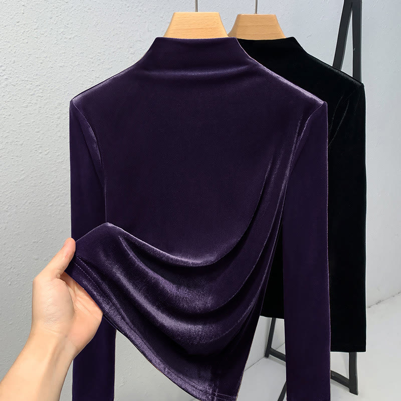 High-neck Solid Color Velvet Long-sleeved T-shirt - Purple - 3XL - image 1