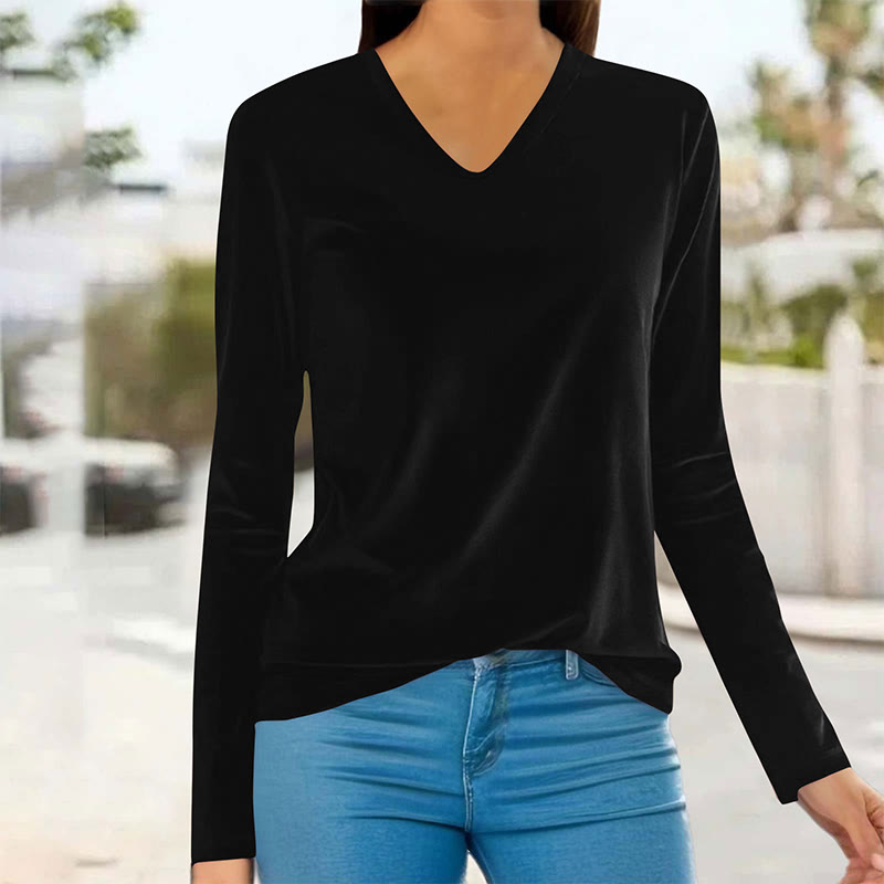 Velvet Solid Color Women's Versatile Slim Fit Long Sleeve V-Neck T-Shirt - Black - 3XL - image 2