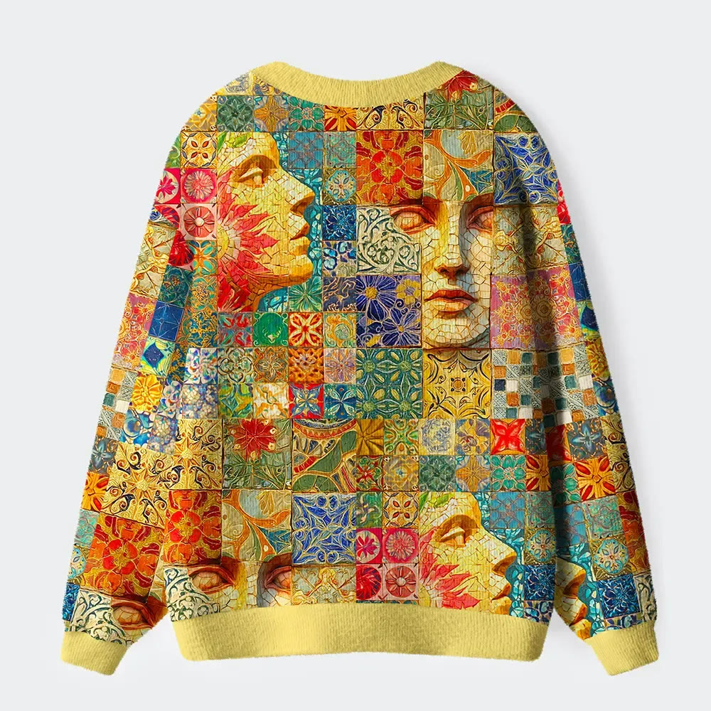 Mosaic Masterpiece: Faces And Patterns Long Sleeved Sweater Cardigan - image 2