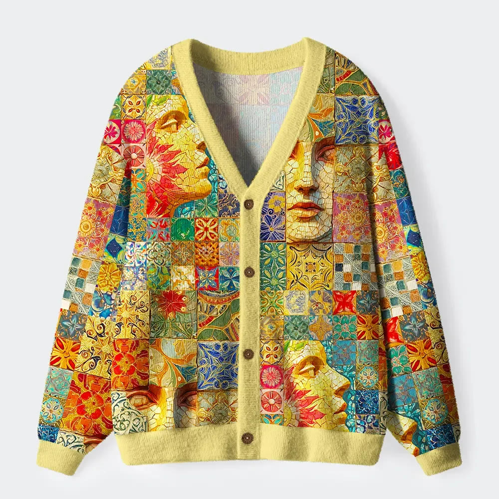 Mosaic Masterpiece: Faces And Patterns Long Sleeved Sweater Cardigan - Yellow - 4XL - image 1