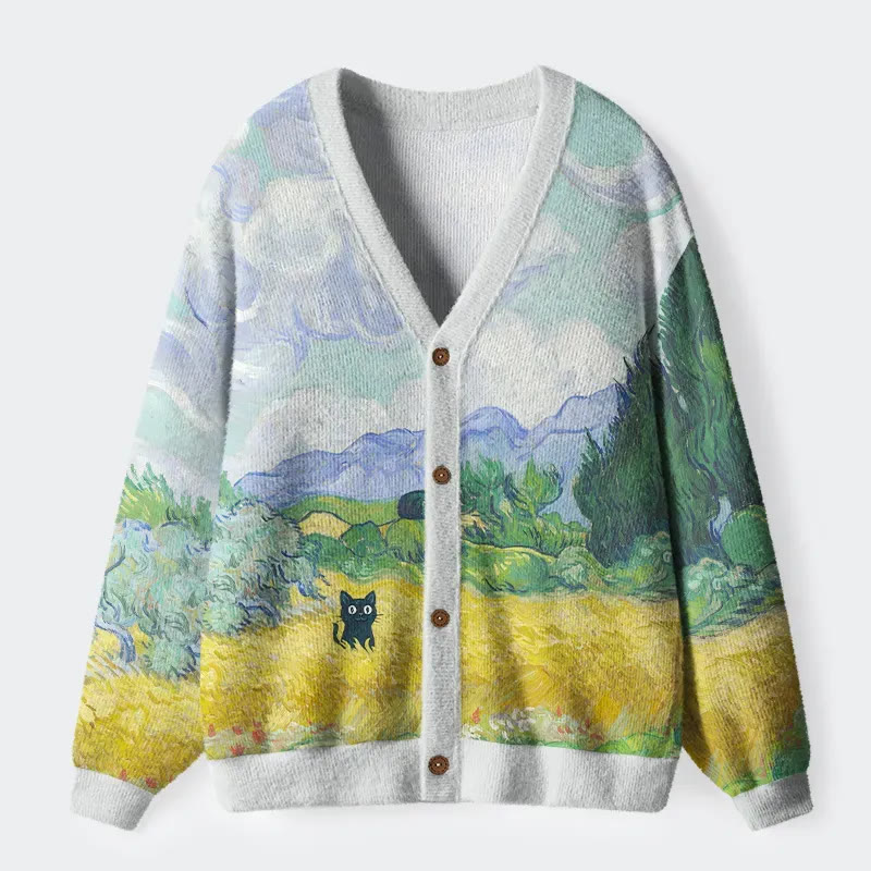 Black Cat In The Wheat Field Long Sleeved Sweater Cardigan - Light Blue - 4XL - image 1