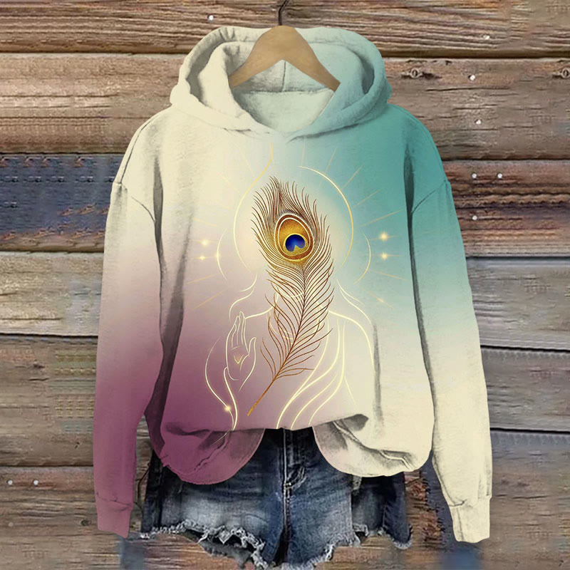 Glowing Peacock Feather Gradient Pattern Long Sleeved Hoodie - Apricot - 8XL - image 1