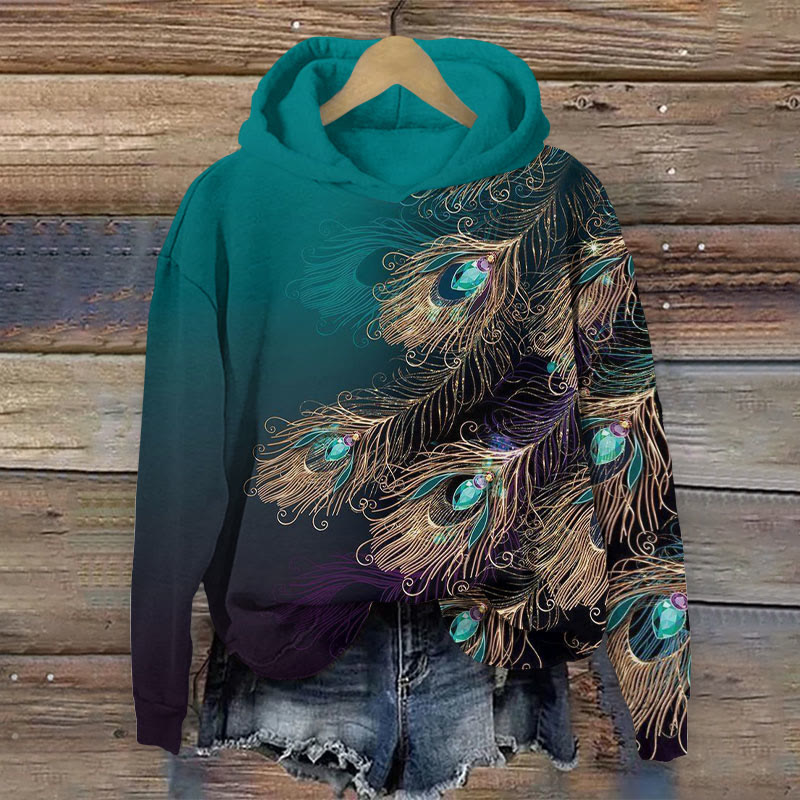 Gradient Peacock Feather Pattern Long Sleeved Hoodie - Dark Green - 8XL - image 1