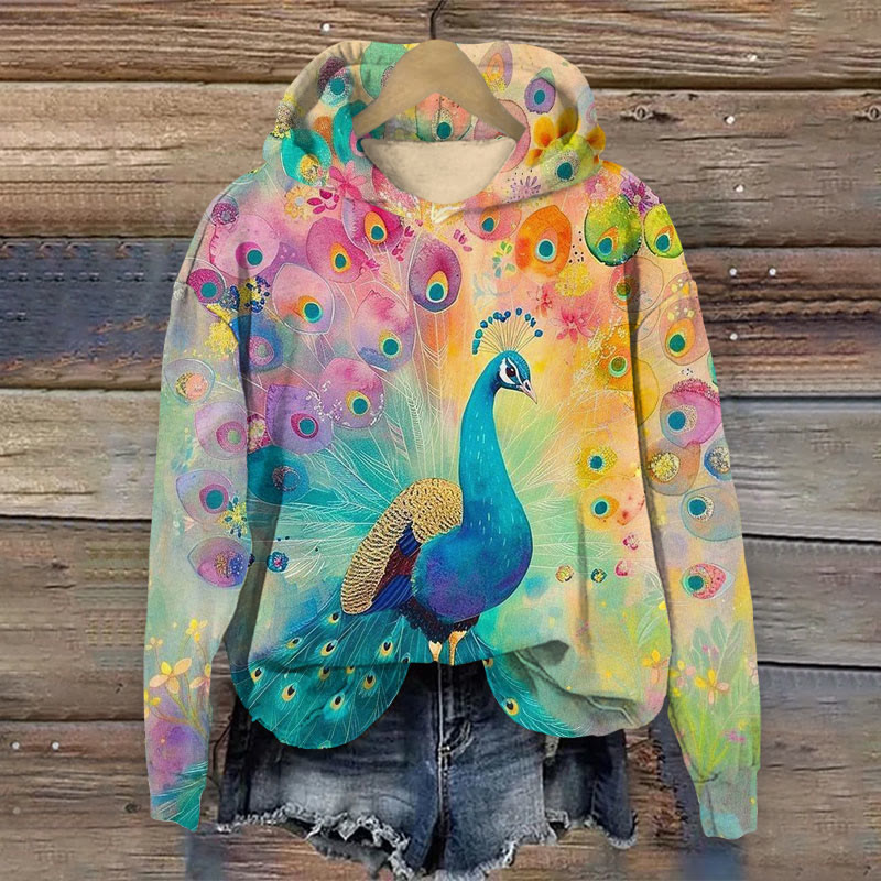 Colorful Peacock Pattern Long Sleeved Hoodie - Multicolor - 8XL - image 1