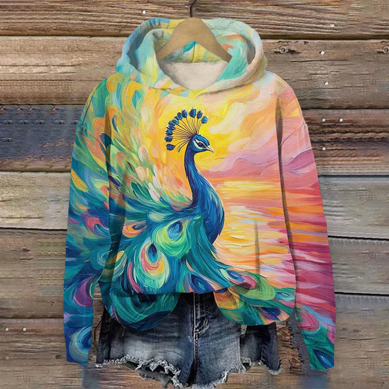 Peacock Oil Painting Pattern Long Sleeved Hoodie - Multicolor - 8XL - image 1