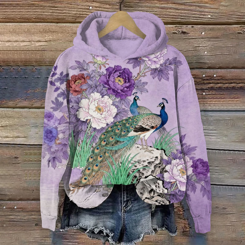 Romantic Floral And Peacock Prints Long Sleeved Hoodie - Purple - 8XL - image 1
