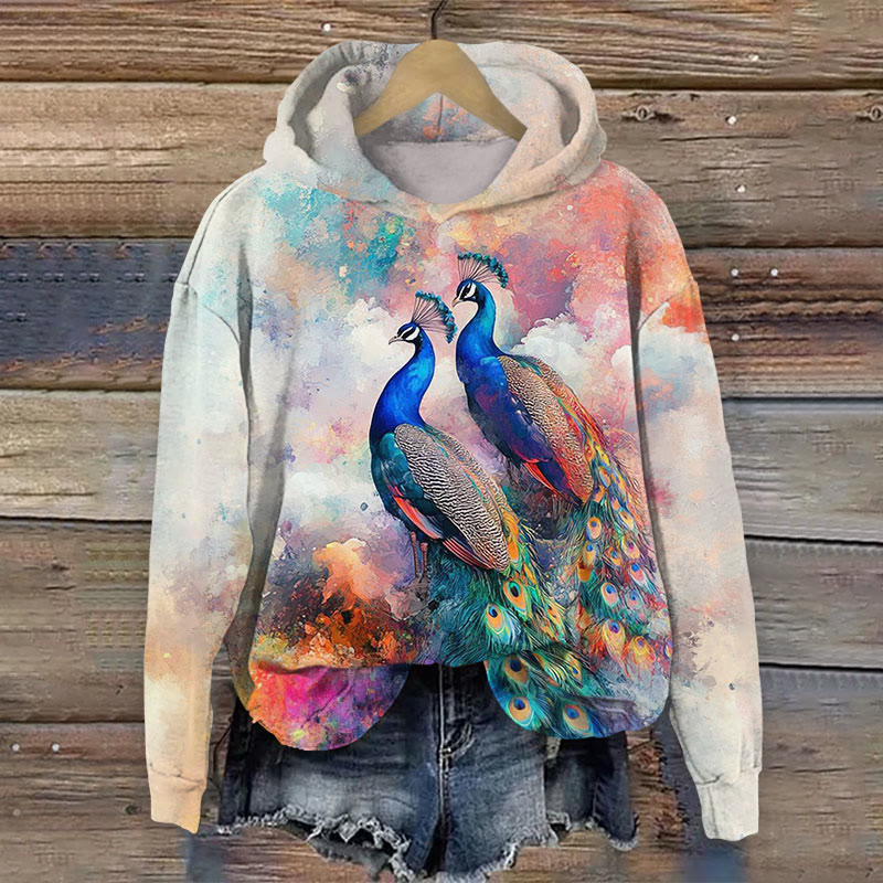Peacock Painted Art Pattern Prints Long Sleeved Hoodie - Multicolor - 8XL - image 1