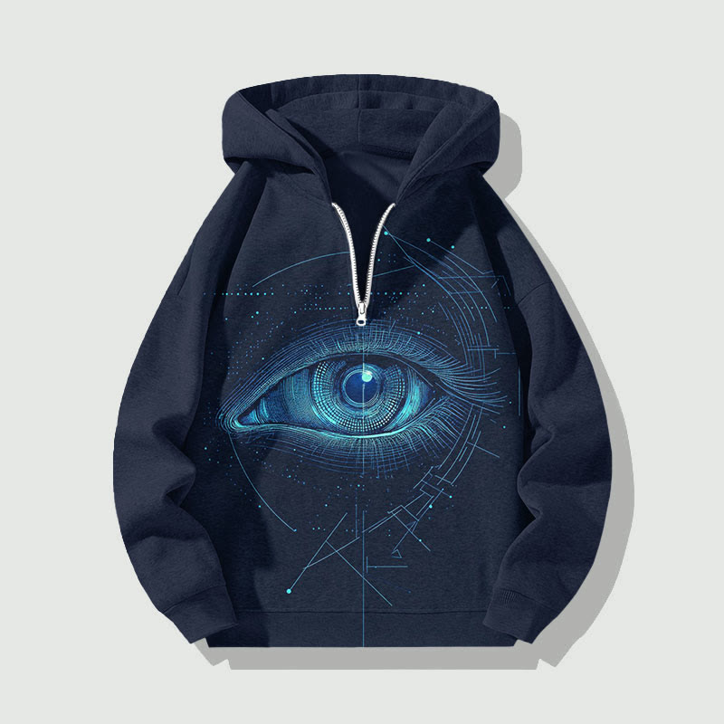 Unisex Exploring Eye Half Zip Hoodie - Dark Blue - US32-34(5XL) - image 1