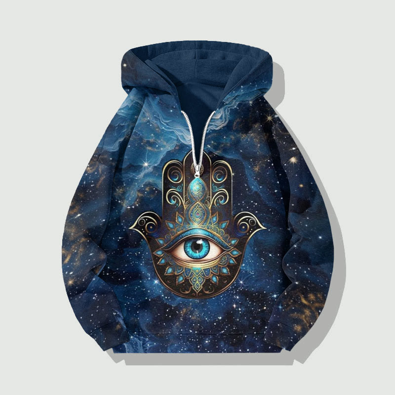 Unisex Cosmic Starry Sky and Evil Eye Half Zip Hoodie - Dark Blue - US32-34(5XL) - image 1