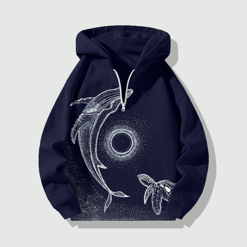 Unisex Whale And Turtle Half Zip Hoodie - Dark Blue - US32-34(5XL) - image 1