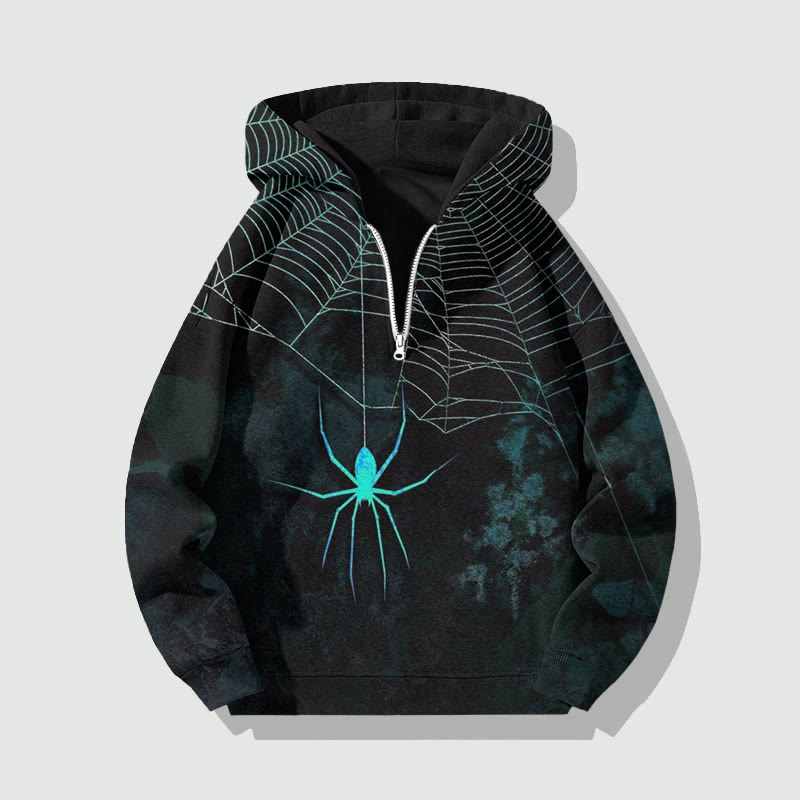 Unisex Spider Pattern Half Zip Hoodie - Dark Blue - US32-34(5XL) - image 1