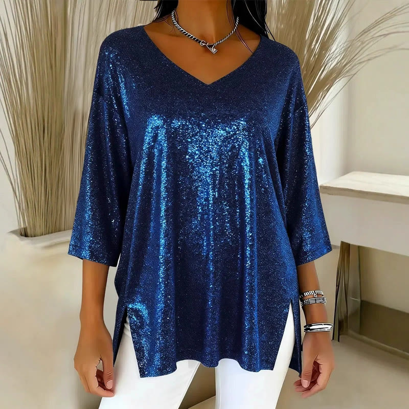 Sparkly Hem slit V-Neck Top - Blue - 3XL - image 1