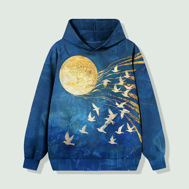 Retro Bronzing Moon & Birds Art Print Long Sleeved Hoodie - Blue - 8XL - image 1