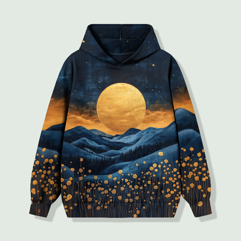 Mysterious Hills & Golden Moon & Flowers Art Print Long Sleeved Hoodie - Dark Blue - 8XL - image 1