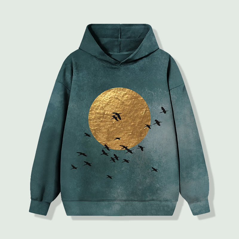 Retro Ravens Around Bronzing Moon Art Long Sleeved Hoodie - Green - 8XL - image 1