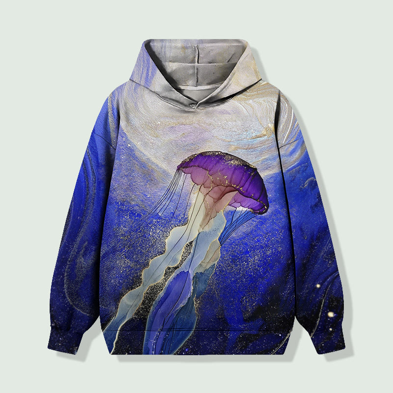 Retro 3D Gold Powder Ocean Jellyfish Long Sleeved Hoodie - Royal Blue - 8XL - image 1