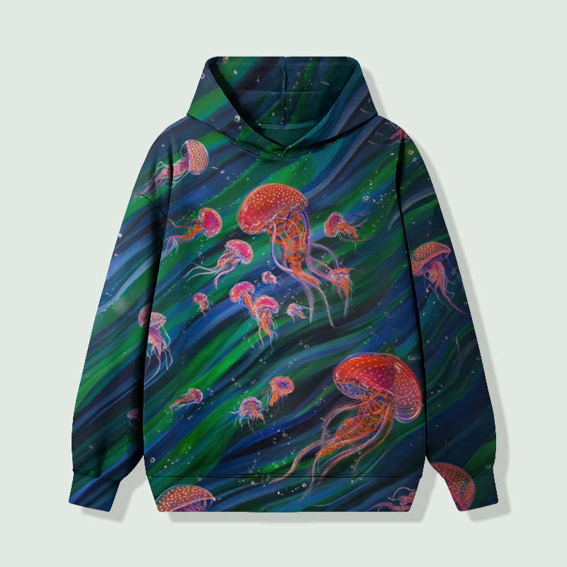 Aurora Wavy Cute Dancing Jellyfish Art Long Sleeved Hoodie - Green - 8XL - image 1