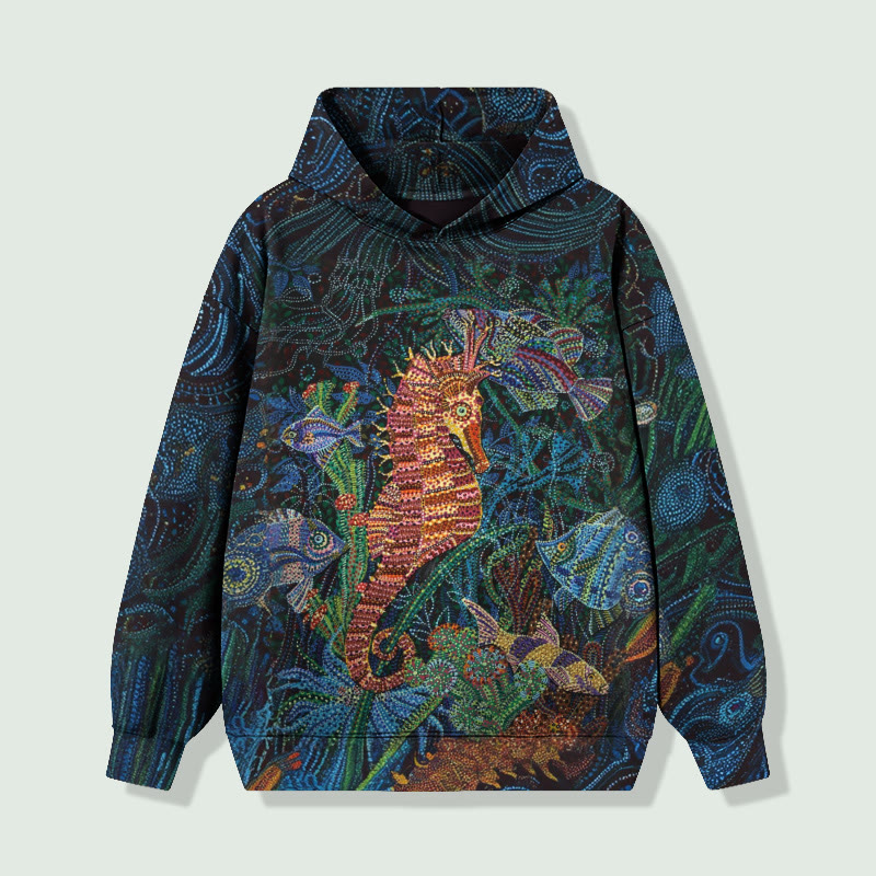 Watercolor Underwater Seahorse & Fish Long Sleeved Hoodie - Blue - 8XL - image 1