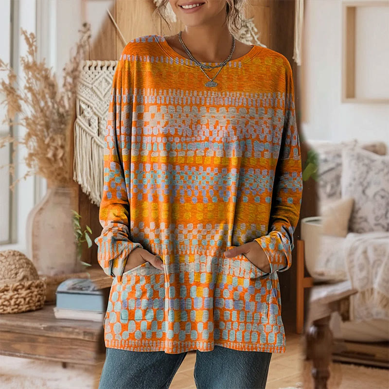 Women's Casual Geometric Print Long Sleeve T-Shirt - Orange - 5XL - image 1