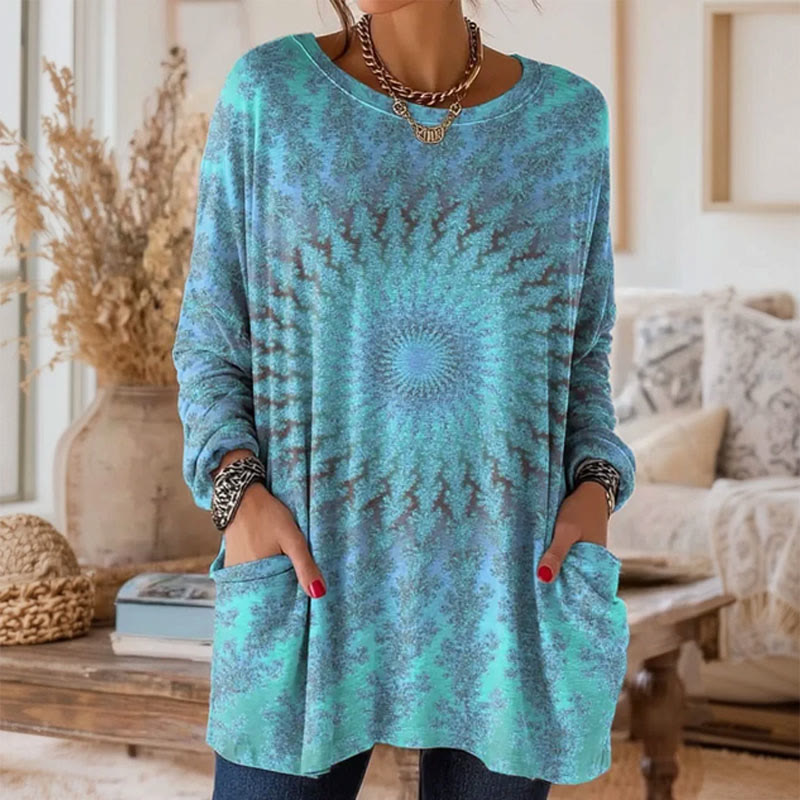 Kaleidoscope Art Print Crew Neck Long Sleeve T-Shirt - Blue - 5XL - image 1