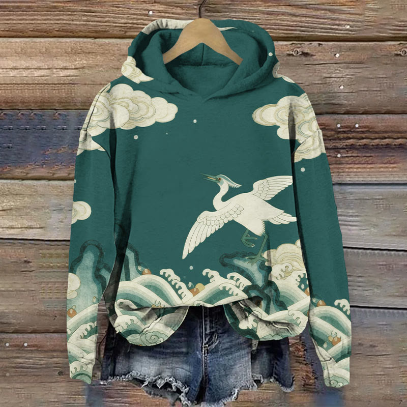 Japanese Vintage Water White Crane In The Sky Art Print Long Sleeve Hoodie - Green - US44-46(8XL) - image 1