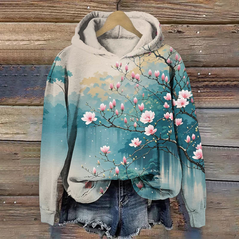 Japanese Vintage Watercolor Pink Sakura Art Print Long Sleeve Hoodie - Blue - US44-46(8XL) - image 1