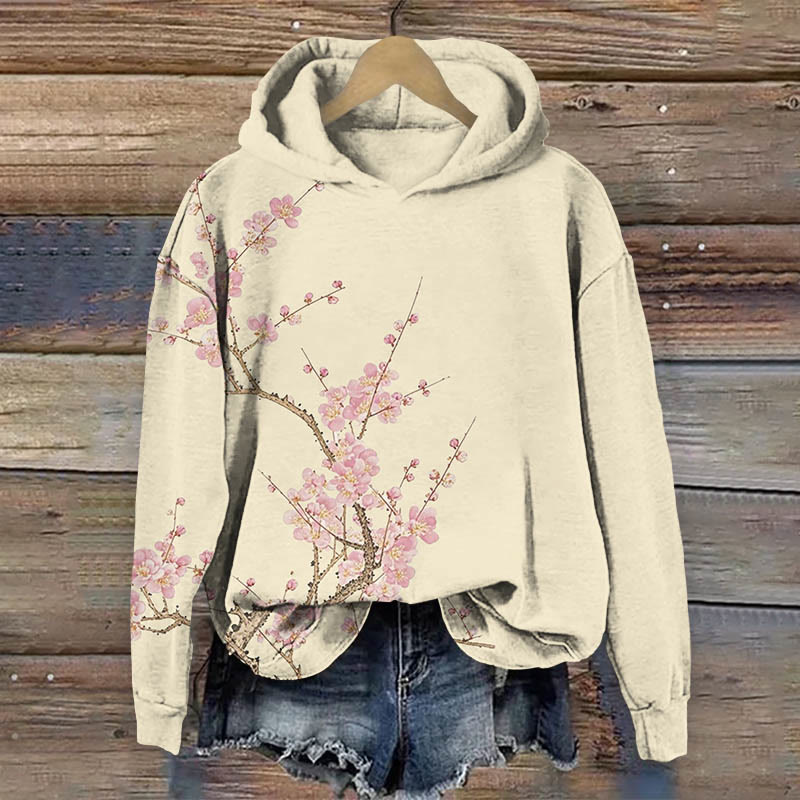 Japanese Vintage Sakura Blossom Art Print Long Sleeve Hoodie - Apricot - US44-46(8XL) - image 2